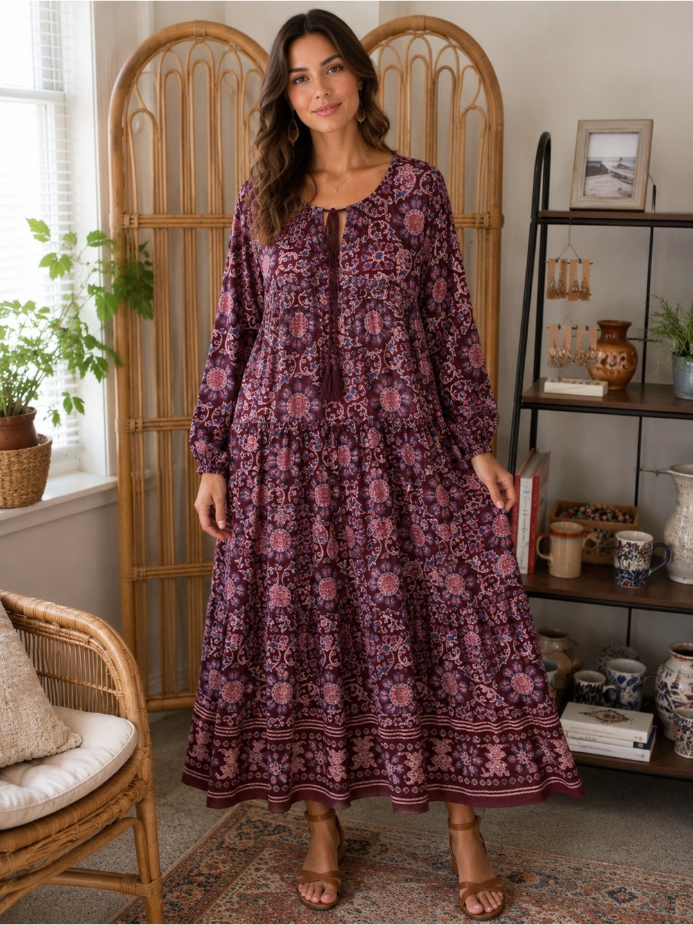 aerie Plum Floral Boho Tiered Maxi Dress